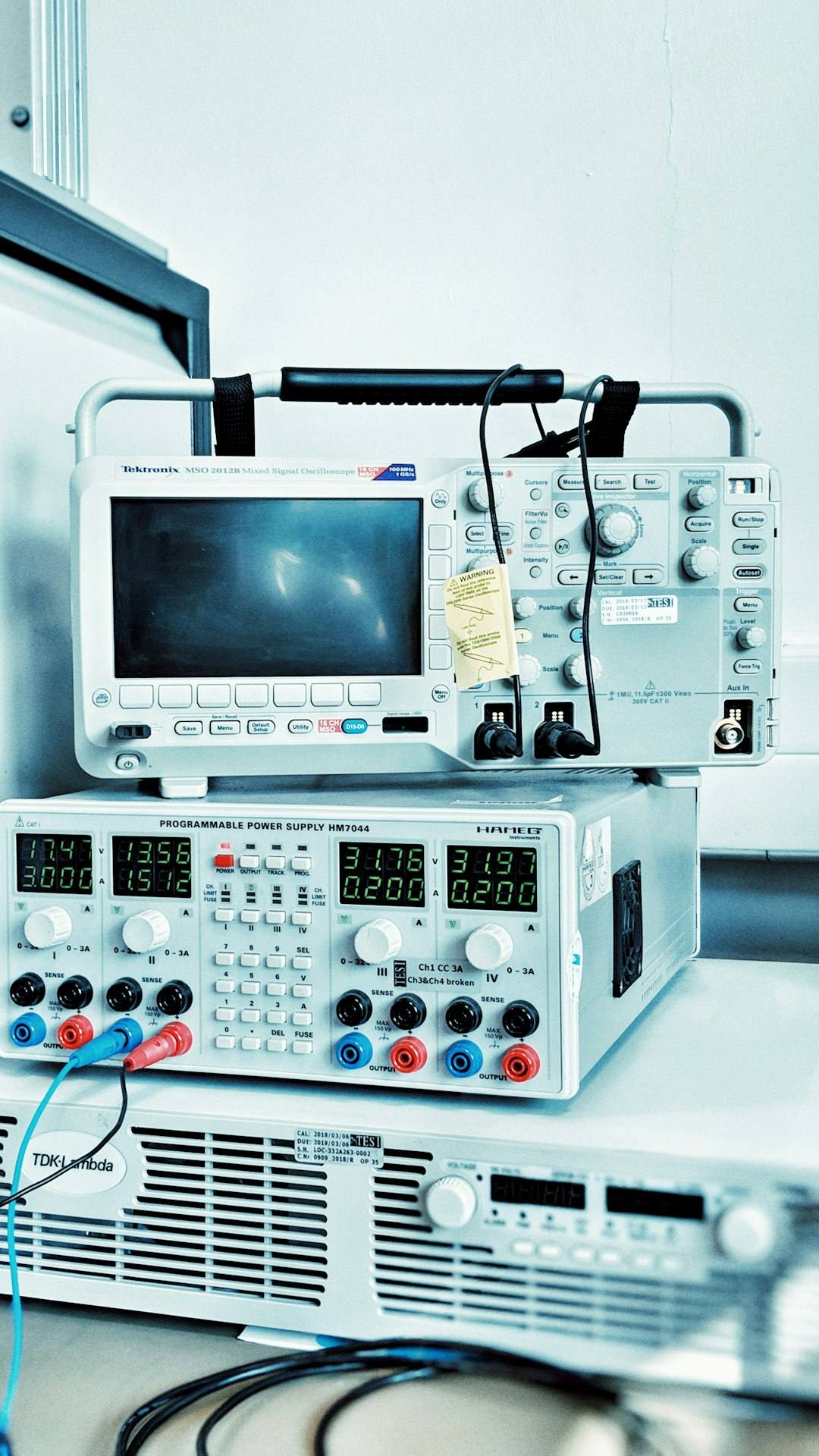 Calibrated electronics test bench with oscilloscope and programmable power supplies